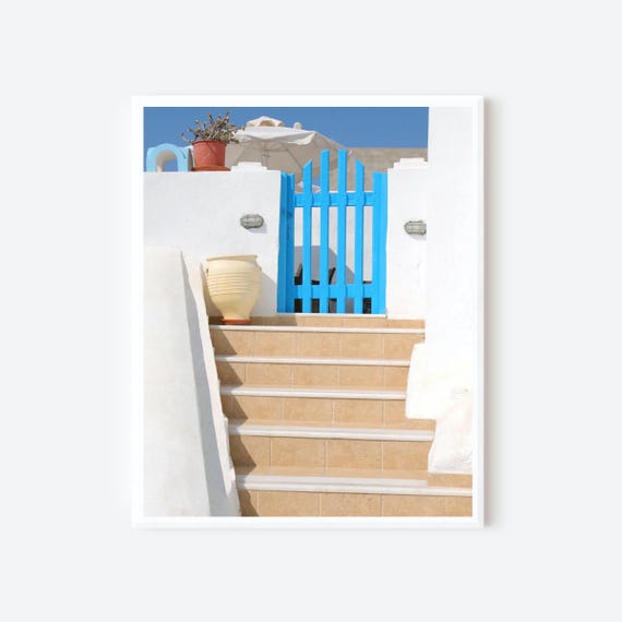 Santorini Blue Gate Photography Print, Greek Island Wall Art, Mediterranean Decor, Whitewashed Architecture, Coastal Home Picture