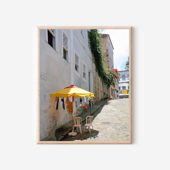 Salvador Photo, Salvador Bahia Brazil, Yellow Umbrella Print, Cobblestone Street Picture, Colorful South American Art, Travel Photography