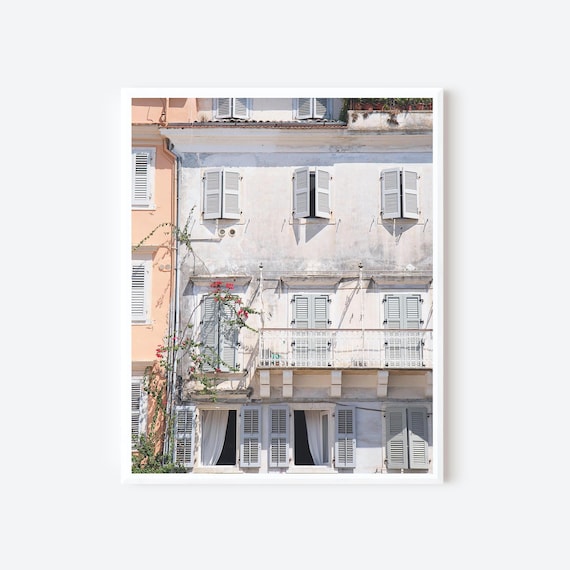 Corfu Print, Corfu Greece Art, Greek Photography, Venetian Architecture Print, Windows Photo, Pink Peach Wall Art, Frame or Mat Option