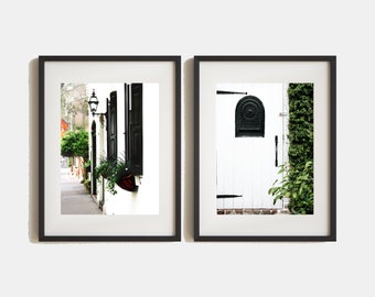 Charleston SC Photography Print Set - 2 White Green and Black Vertical Photographs - Southern Wall Art