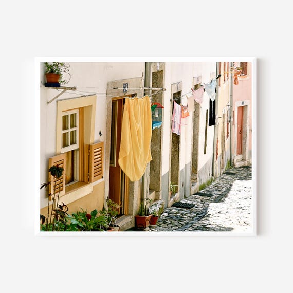 Lisbon Photography, Laundry Print, Portugal Street Photo, Yellow Laundry Room Wall Art, Clothesline Photograph, Alfama Picture, Lisbon Photo