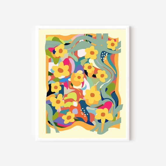 Abstract Flower Art, Yellow Flower Print, Whimsical Floral Picture, Modern Colorful Abstract, Girls Room Art, Abstract Wall Art