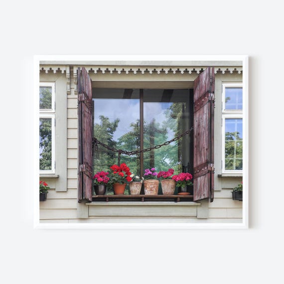 Window Garden in Bergen Norway with Clay Pots, Norwegian Wall Art, Scandinavian Decor