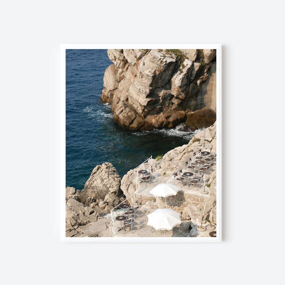 Dubrovnik Croatia Rocky Coastline and Cafe Photography Print - Beautiful View of Adriatic Sea from Stone Walls - Vertical Coastal Wall Art