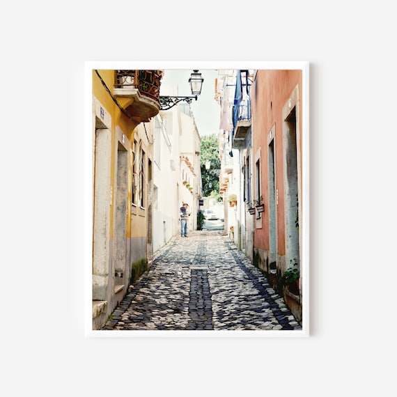 Lost in Lisbon Photography Print , European Travel Wall Art, Pastel Mediterranean Street Scene