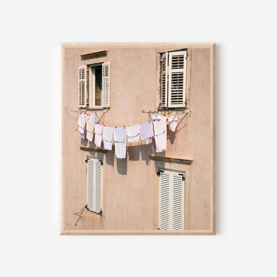 Peach Laundry Wall Art Print, Dubrovnik Croatia Photography, Mediterranean Decor, Pastel Clothesline Photo, European Laundry Photograph