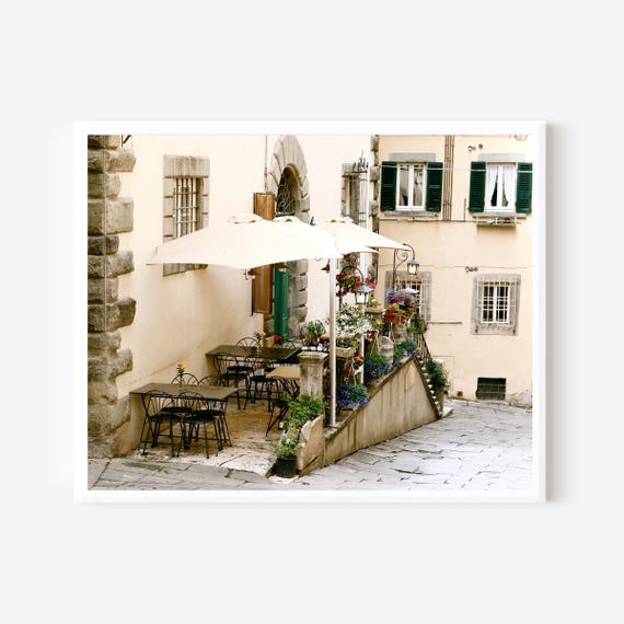 Cortona Italy Café Print, Tuscany Photography Wall Art, European Travel Decor, Italian Restaurant Scene, Rustic Neutral Home Art