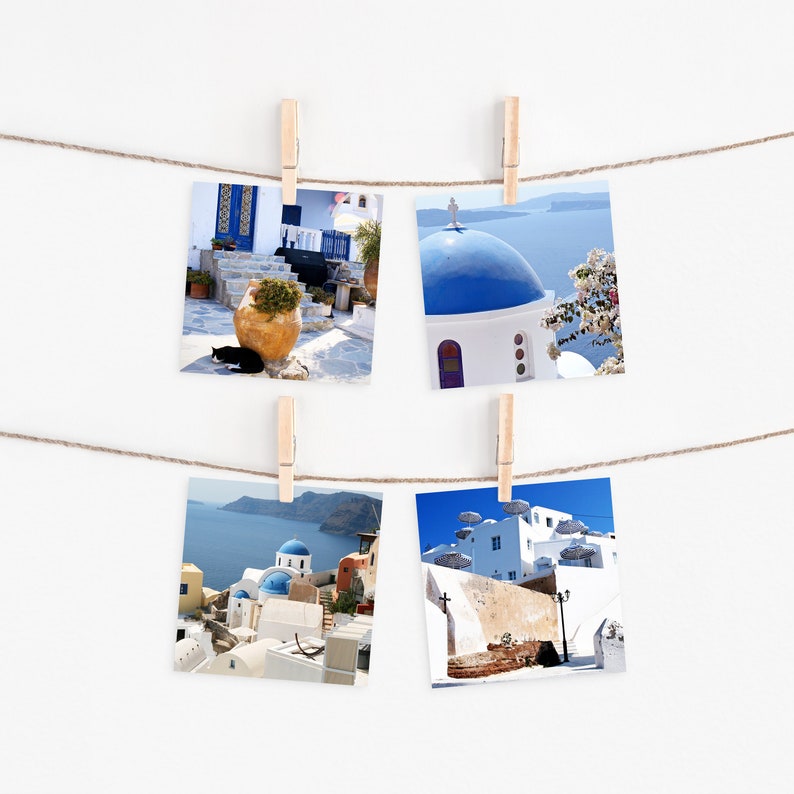 Four 5x5 Santorini Prints, Greece Photo Set, 4 Small Square Prints, Greek Island Photography, Mini Art, Mediterranean Decor, Santorini Gift image 1