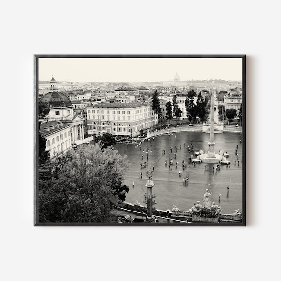 View Over Piazza del Popolo Print, Black and White Rome Wall Art, Vintage-Inspired Italian Photography, Elegant Rome Travel Decor
