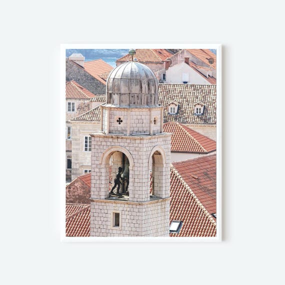 Dubrovnik Croatia Photography Print, Croatian Wall Art, City Bell Tower Print, Tile Rooftop Photo, Dubrovnik Architecture Picture