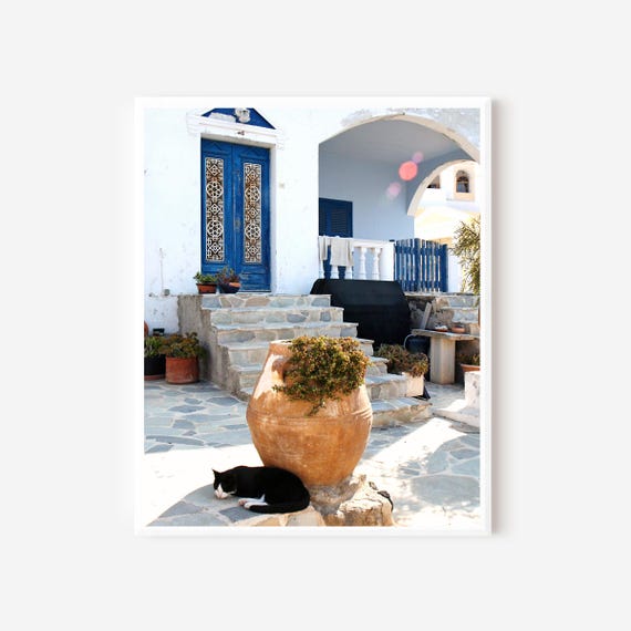 Greece Cat Print, Santorini Photography, Black Cat Photo, Greek Island Art, Blue and White Print, Mediterranean Art, Indigo Door Picture