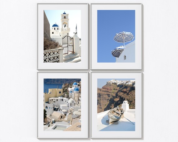 Santorini Greece Print Set - 4 Greek Island Photographs - Four Blue and Beige Brown Photos - Vertical Travel Architecture Pictures