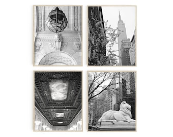 New York Public Library Four Print Collection - 4 NYC Black and White Photographs - Manhattan Photography - Vertical Architecture Pictures