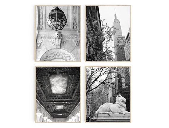 New York Public Library Four Print Collection - 4 NYC Black and White Photographs - Manhattan Photography - Vertical Architecture Pictures