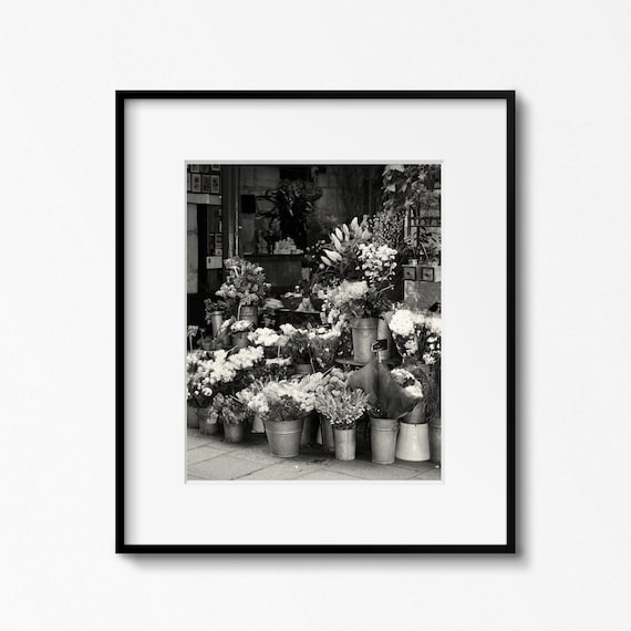Paris Flower Shop Photography Print, Black and White Paris Wall Art, French Market Picture, Parisian Decor, Elegant Vintage Style