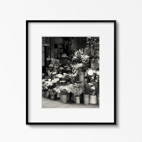 Paris Flower Shop Print, Black and White Paris Photography, Flower Market Photo, Parisian Shop Picture, French Home Decor, Paris Wall Art