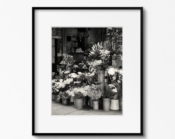 Paris Flower Shop Print, Black and White Paris Photography, Flower Market Photo, Parisian Shop Picture, French Home Decor, Paris Wall Art