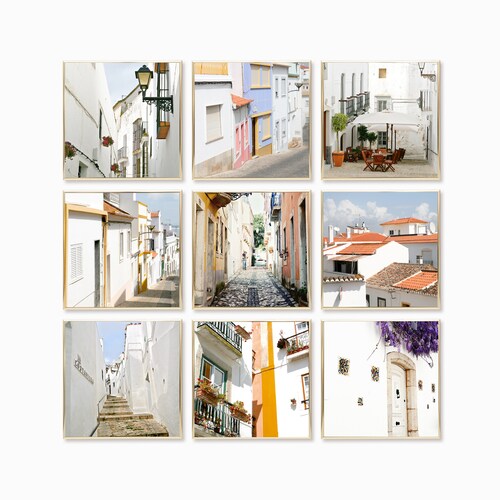 Portugal 9 Print Set - Lisbon and Lagos Travel Photography shops - Pastel Whitewashed Wall Art - Nine Square Photo Set - Cobblestones and Rooftops