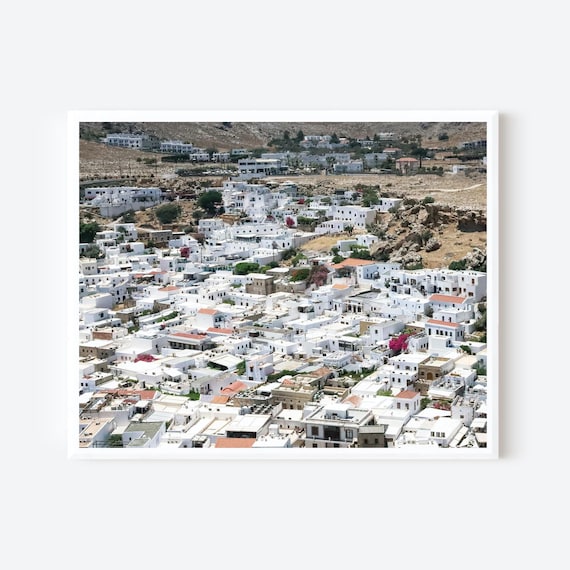 Hillside Homes of Lindos – Whitewashed Rooftop Photography Print, Rhodes Greece Wall Art, Aegean Village Travel Decor