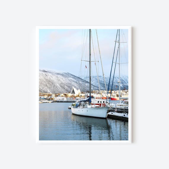Sailboat Reflections, Tromsø Harbor in Winter Light, Nordic Coastal Wall Art, Arctic Photography Print