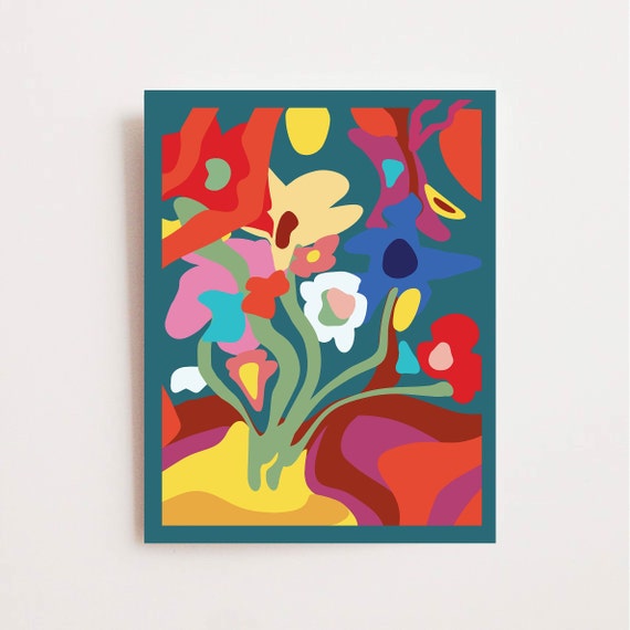 Abstract Flower Print - Bright Colors Wall Art - Whimsical Floral Picture - Vibrant Colorful Red Pink Yellow - Available Framed or Matted