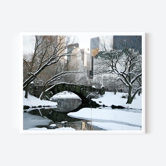 Winter in NYC Photography Print, Snowy Central Park Bridge & Buildings, Cozy Holiday Wall Art, New York City Winter Scene