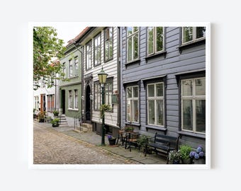Bergen Norway Photography Print: Pastel Row Houses, Scandinavian Decor