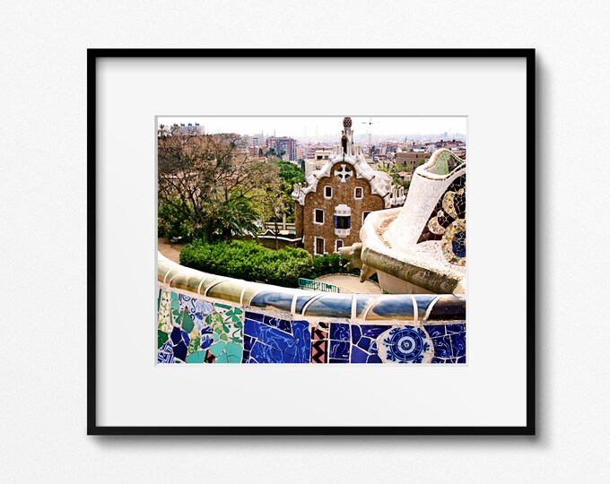 Parc Guell Photography, Serpentine Mosaic Tile Bench, Barcelona Spain Travel Print, Gaudi Spanish Architecture, Mediterranean Home Decor