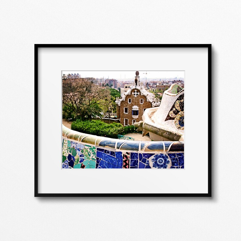 Parc Guell Photography, Serpentine Mosaic Tile Bench, Barcelona Spain Travel Print, Gaudi Spanish Architecture, Mediterranean Home Decor image 1