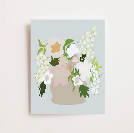 Flower Art Print, Pastel Floral Wall Art, Pretty Flower Vase Print, Whimsical Art, Abstract Floral, Gift for Her, Available Framed or Matted