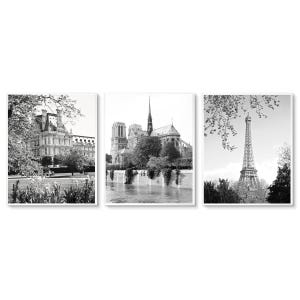 Black and White Paris Three Print Set - French Wall Art - Parisian Architecture Photographs - 3 Pictures - Louvre Eiffel Tower Notre Dame
