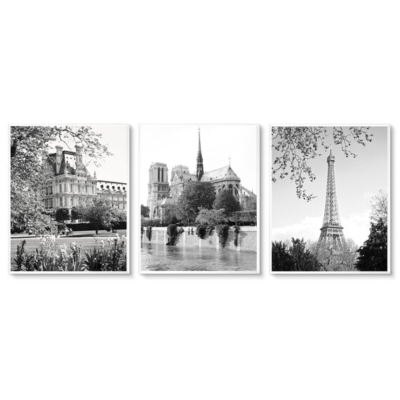 Black and White Paris Three Print Set - French Wall Art - Parisian Architecture Photographs - 3 Pictures - Louvre Eiffel Tower Notre Dame