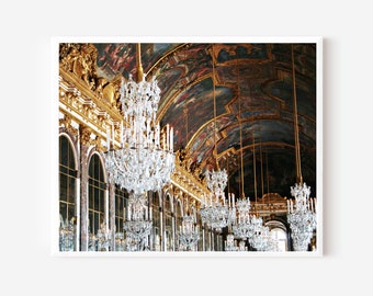 Hall of Mirrors Print, Versailles Photo, French Chandelier Print, Glam Wall Art, Large Gold Photograph, France Photography, Dining Room Art