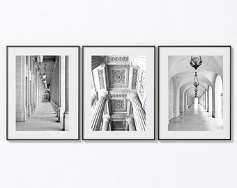 Black and White 3 Paris Print Set, Paris Photo Collection, Three Architecture Prints, Paris Gallery Wall Art, Saint Sulpice, Palais Royal