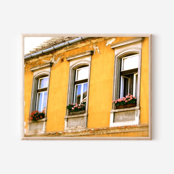 Hungary Photography, Hungarian Wall Art, Yellow Wall Art Print, Window Box Flower Photo, Rustic European Decor, Sopron Travel Photography