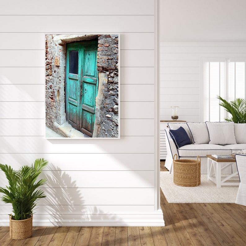 Turquoise Decor, Blue Door Print, Sicily Italy Photo, Old Door Picture, Rustic Farmhouse Wall Art, Large Vertical Print, Colorful Aqua Door image 2