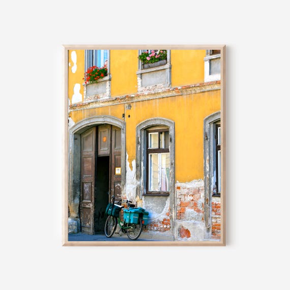 Hungarian Wall Art, Yellow Art Print, Bicycle Photo, Sopron Hungary Photograph, Rustic European Decor, Old Door and Window Photo