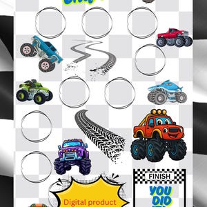 Puede incluir: Un gráfico de entrenamiento para ir al baño con ilustraciones de monster trucks, huellas de neumáticos y una línea de meta. El gráfico incluye círculos para rastrear el progreso y el texto "Potty Training Chart", "Finish" y "You Did It!". Producto digital.
