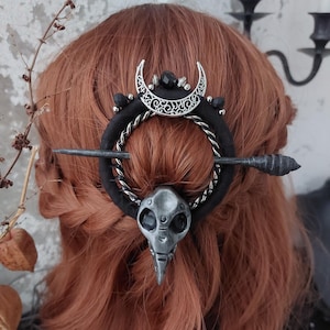 Celtic Raven Hair Pin: Pagan Barrette with Crescent  moon and Glass Beads