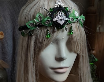 Green Fairy Crescent Moon Crown: Forest Queen Headpiece