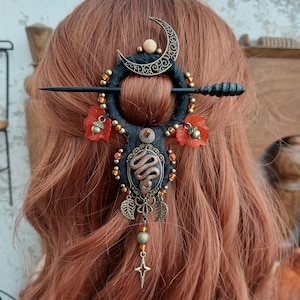 Serpent Moon Hair Pin: Pagan Witch Barrette, Recycled Fabric Jewelry