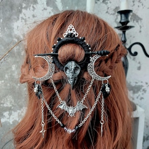Raven Goddess Hair Pin: Moon Crescent, Pagan Witch Barrette