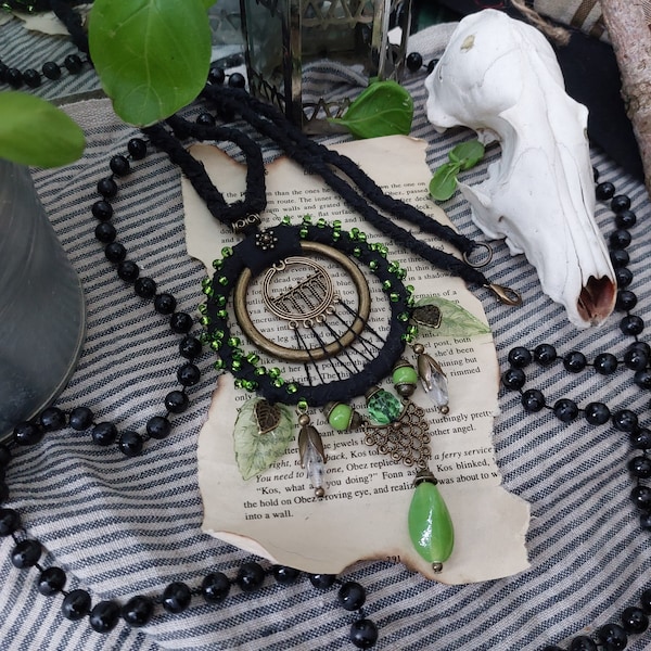 Green witch flora necklace, pagan gothic necklaces, occult  witchy jewelry, whimsical festival  necklace,  tribal goth necklace