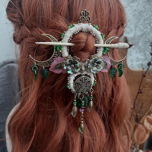 Elven Crescent Moon Hair Pin: Recycled Fabric & Bamboo, Glass Beads
