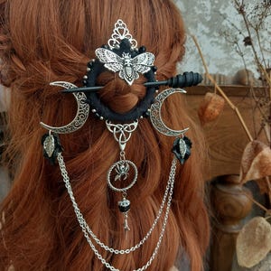 Crescent Moon Hair Pin: Pagan Goddess Barrette with Moth Charm