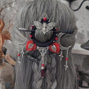Gothic moth hair pin, fantasy pagan hair pin, pagan witch hair barrette,  alternative  hair pin, Moon crescent  hair jewelry for long hair