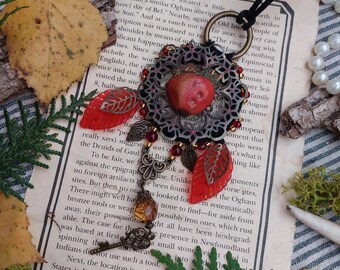Red Apple Art Nouveau Necklace, Witchy Gothic Pendant