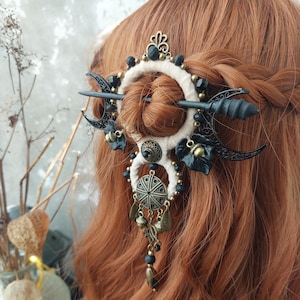 Black Crescent Moon Hair Pin: Witchy Pagan Barrette, Fantasy Jewelry For Long Hair