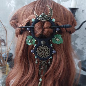 Green moon Goddess hair pin, fantasy pagan hair pin, faerie  witch hair barrette , recycled wood hairpin, crescent  hairpin for long hair