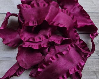 5 yards of Vintage 1.5" Very Soft Satin Double Ruffle Ribbon in Burgundy Wine